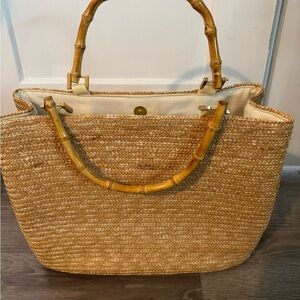 Elegant Tan Woven Tote Bag with Bamboo Handles